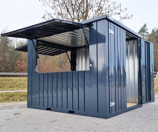 4m Verkaufscontainer mit 2 Verkaufsklappen und Doppelflügeltür in RAL7016 Anthrazit