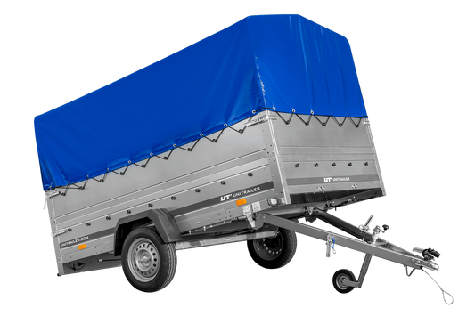 Einachsanhänger 264x150 UNITRAILER GARDEN 265 KIPP mit zusätzlichen Bordwänden, H-800-Hochspriegel und blauer Plane
