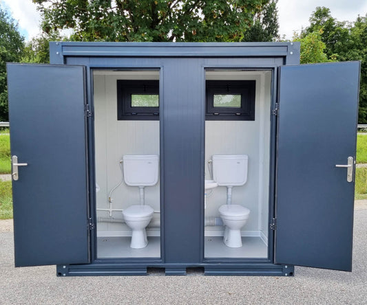 WC-Sanitärcontainer mit Doppelkabine – für Damen und Herren – Anthrazit